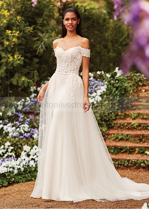 Cold Shoulder Ivory Lace Satin Wedding Dress With Detachable Train